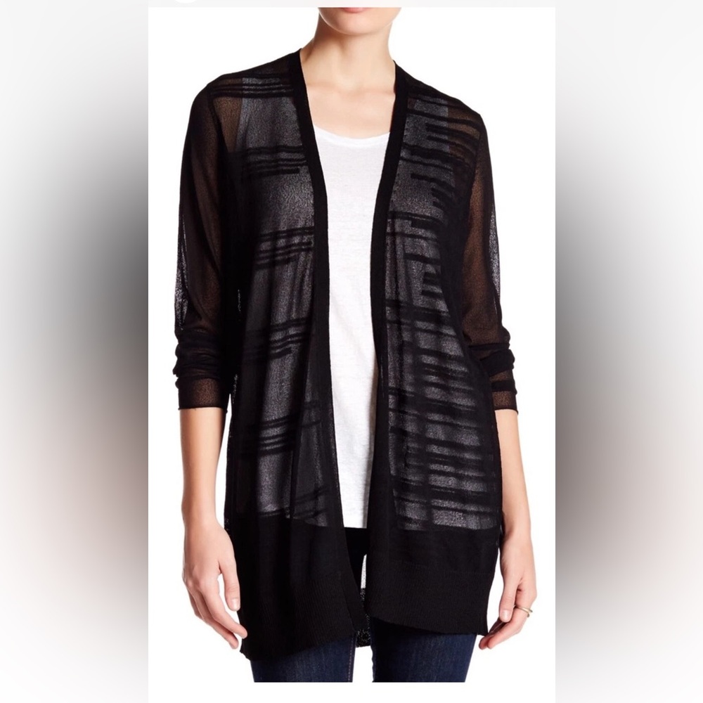 Eileen Fisher Straight Long Cardigan XL Black Open Front Minimalist Duster Sweat